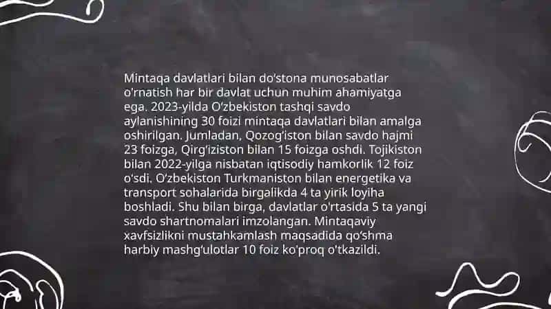 Oʻzbekiston Markaziy Osiyo Tinchlik va barqarorlikni taʼminlashdagi oʻrni Boyuzoqova Sevinch 4