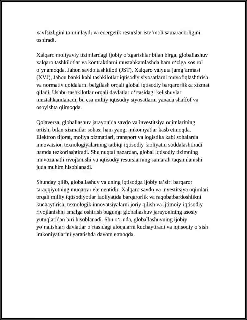 Globallashuvning barqaror taraqqiyotga iqtisodiy ijobiy yo'nalishlari 4