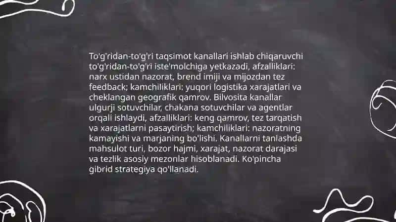 Mahsulot va xizmatlarni taqsimlash va siljitish strategiyalari 4