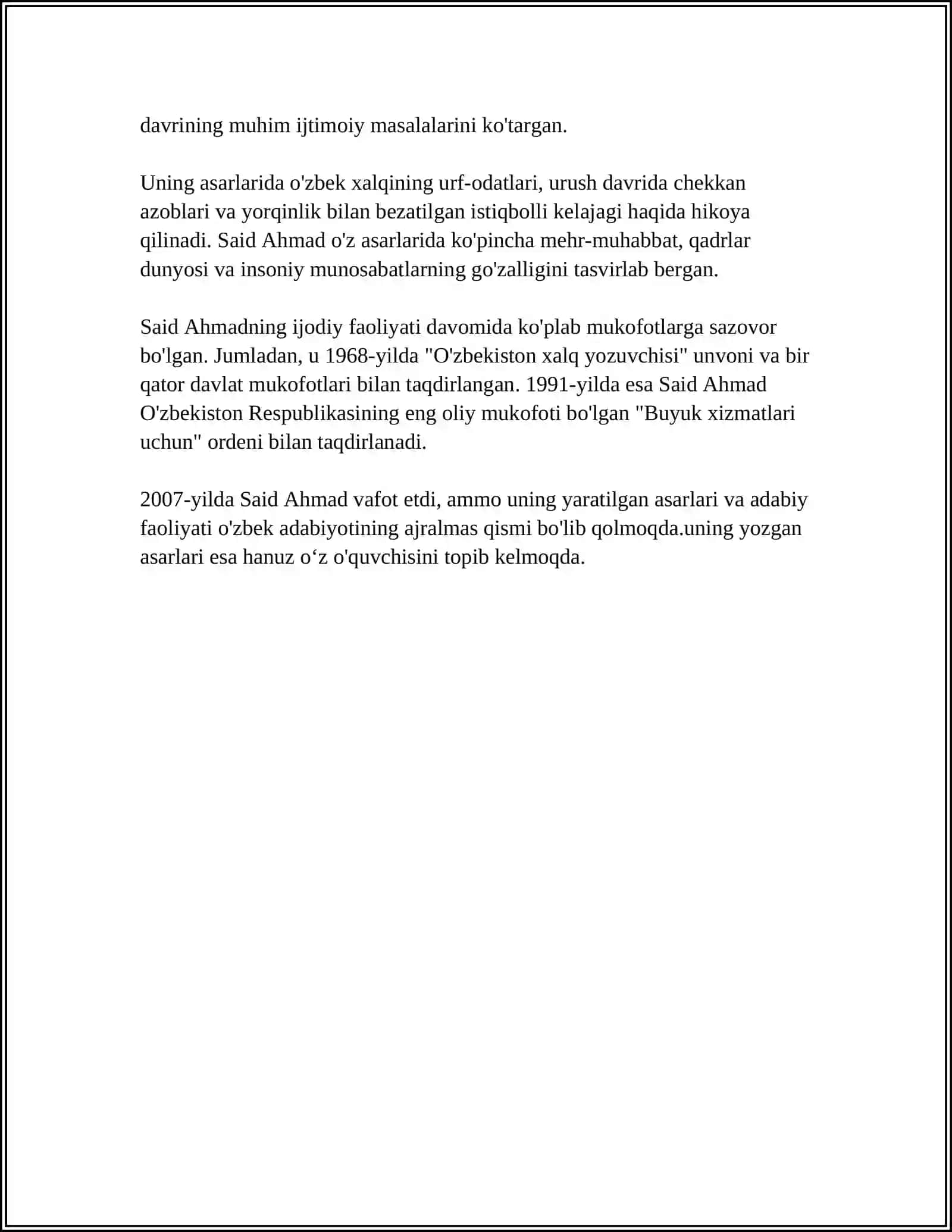 SAID AHMAD ASARLARIDA VATANPARVARLIK TAMOYILLARI. OFTOBOYIM HIKOYASI 4