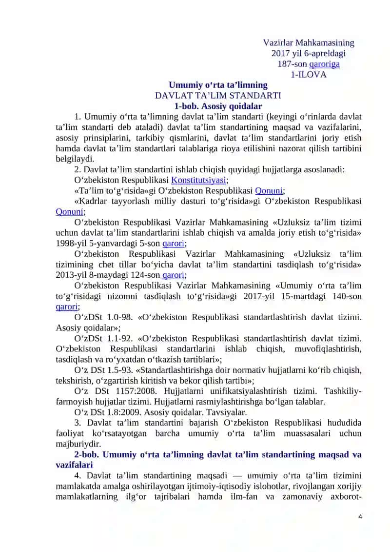 UMUMIY O‘RTA TA’LIMNING DAVLAT TA’LIM STANDARTI VA O‘QUV DASTURI 4