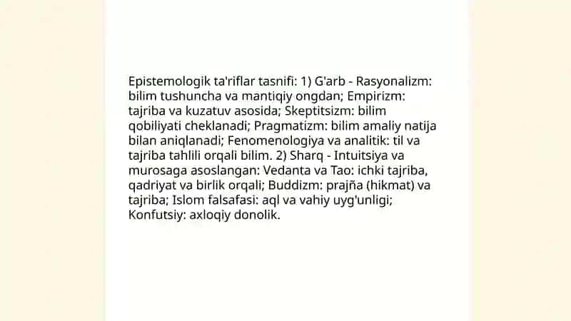 Falsafaning mohiyatiga oid Sharq va G'arb mutafakkirlari ta'riflarini tasniflash 4