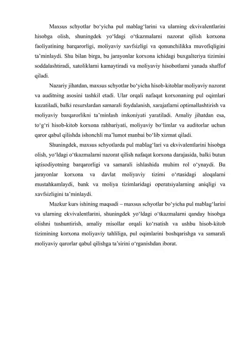 MAXSUS SCHYOTLARDAGI PUL MABLAG‘LARINI EKVIVALENTLARINI VA YO‘LDAGI O‘TKAZMALARINI HISOBGA OLISH 4
