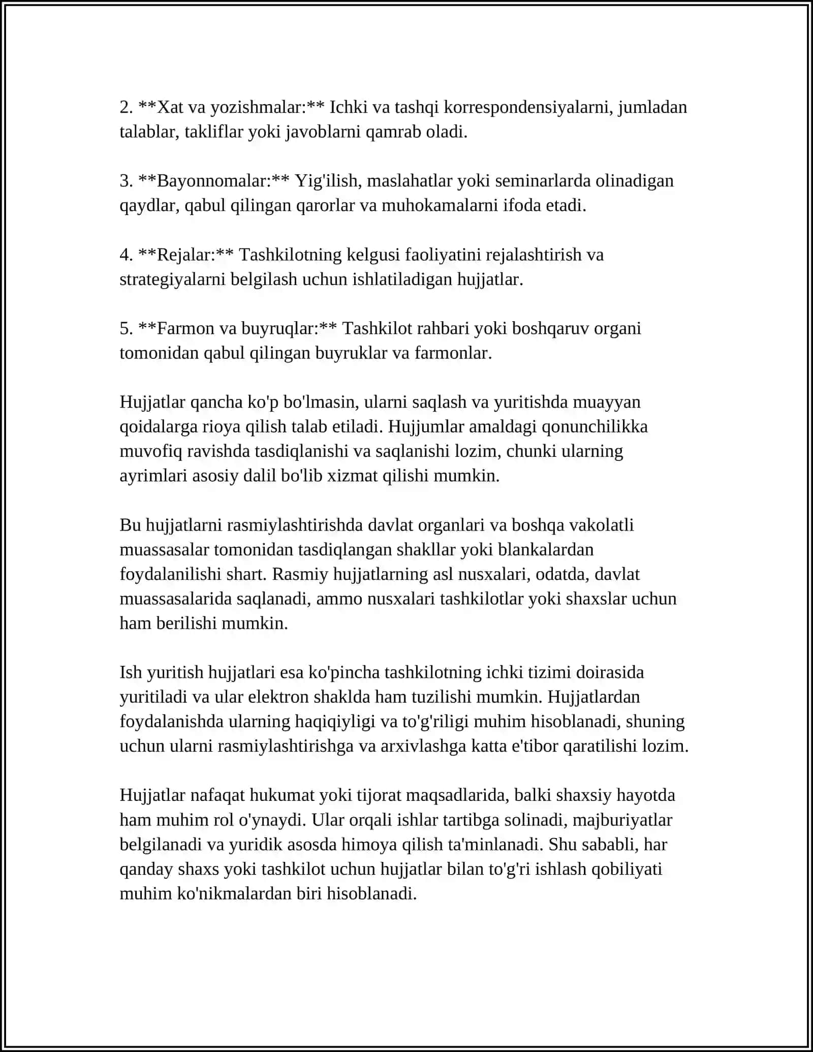 HUJJAT TURLARI VA ISH YURITISH ASOSLARI. TASHKILIY HUJJATLAR VA ULARNI RASMIYLASHTIRISH 4