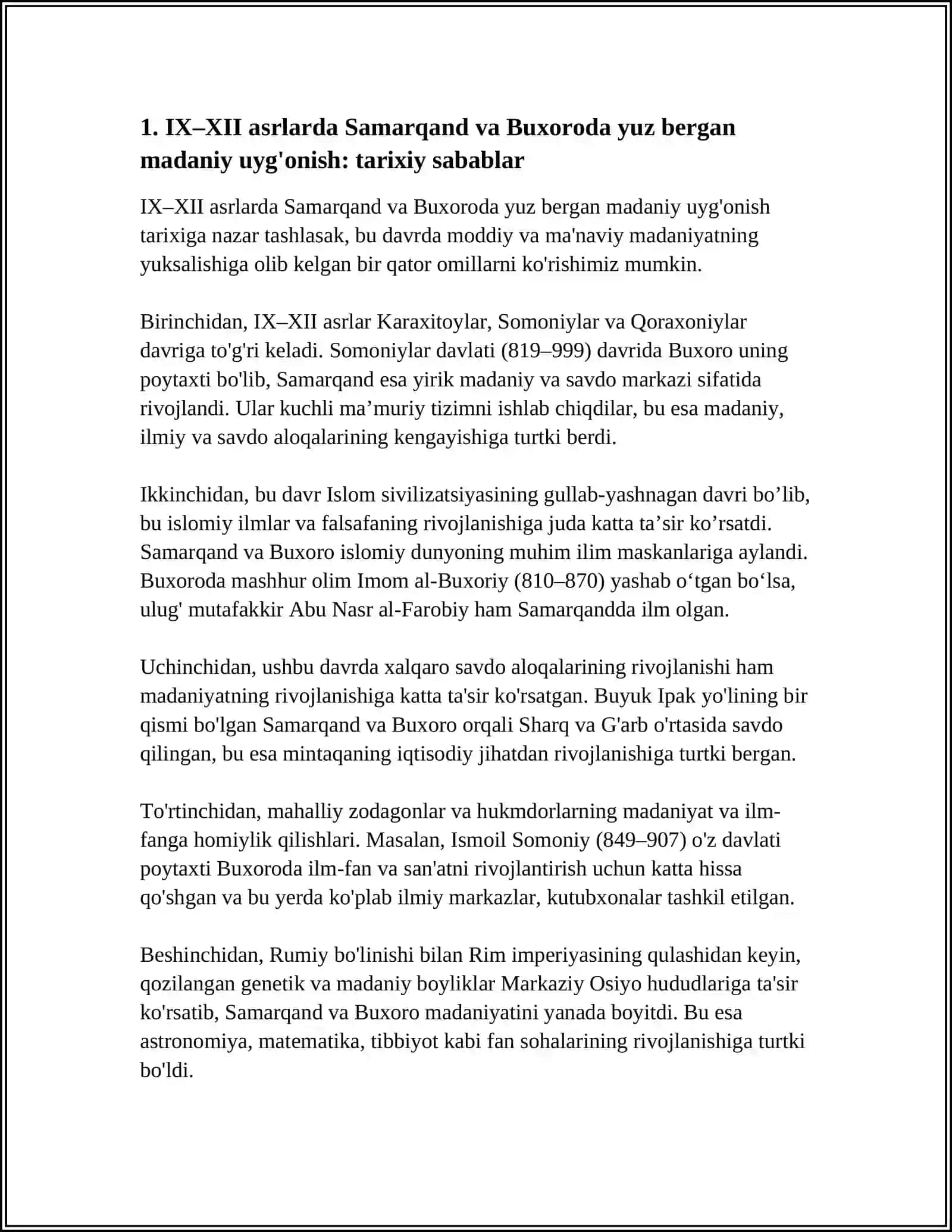 IX-XII ASRLARDA MAMLAKATIMIZ HUDUDIDA RO'Y BERGAN MADANIY UYG'ONISH RENESSANS BUYUK JAHON SIVILIZATSIYAGA QO'SHGAN HISSASI 4