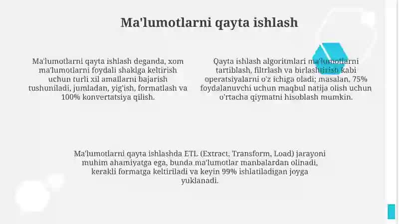 Maʼlumotlar tahlili bosqichlari tozalash, qayta ishlash, vizualizataiya 4