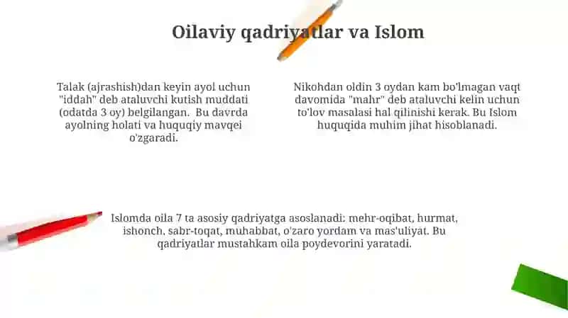 Islom huquqshunosligida oila, nikoh, taloq, idda, zihor tushunchalarini taʼriflash 4