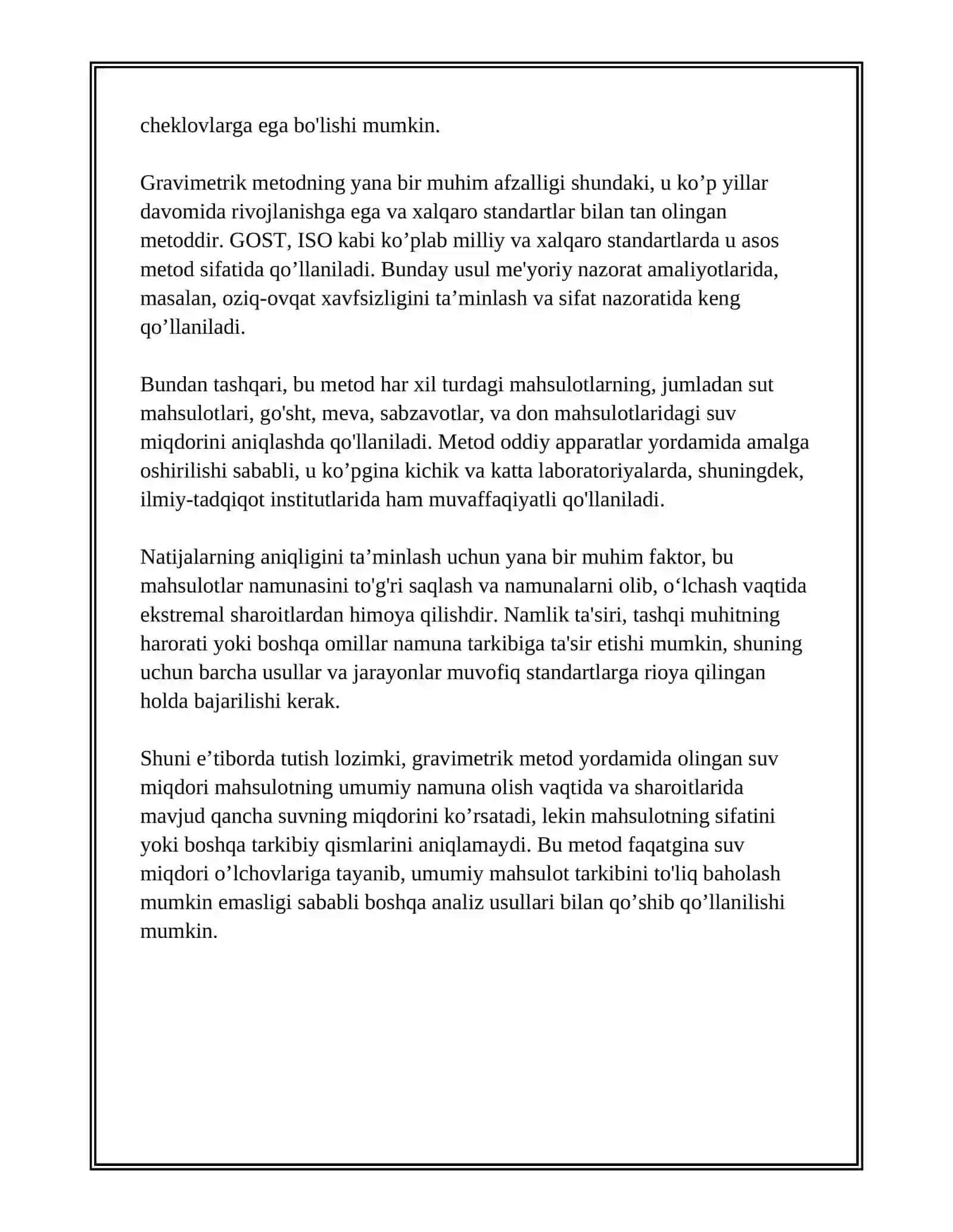 OZIQ-OVQAT MAHSULOTLARIDA SUV MIQDORINI ANIQLASH - GRAVIMETRIK METOD YORDAMIDA 4