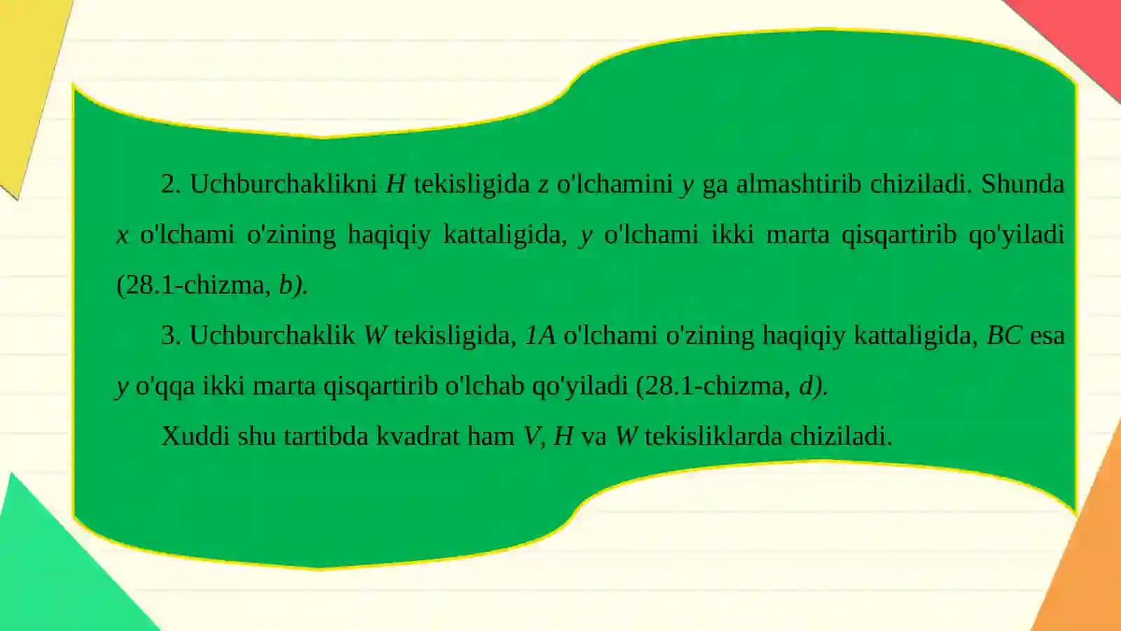 Tekis shakllarning aksonometriyalarini frontal dimetriya va izometriyada yasash 4