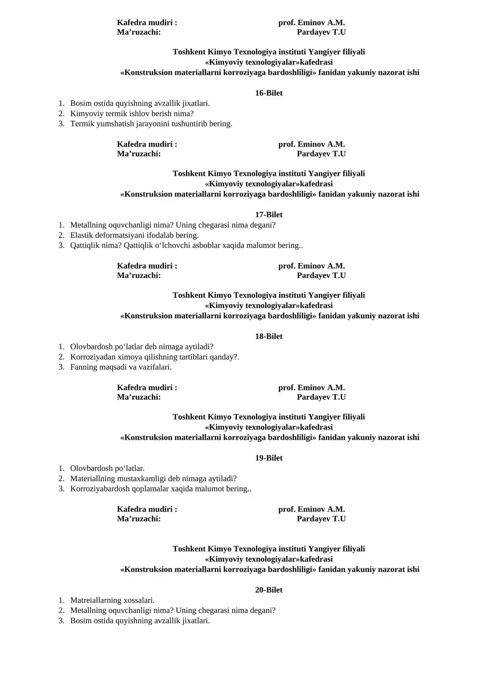 Konstruksion materiallarni korroziyaga bardoshliligi fanidan oraliq nazorat savollari 4
