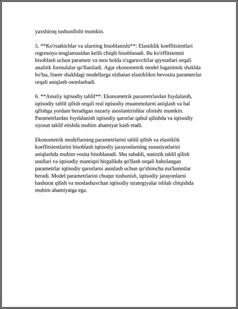 EKONOMETRIK MODEL PARAMETRLARINING IQTISODIY TAHLIL VA ELASTIKLIK KOEFFITSIENTLARINI HISOBLASH 4