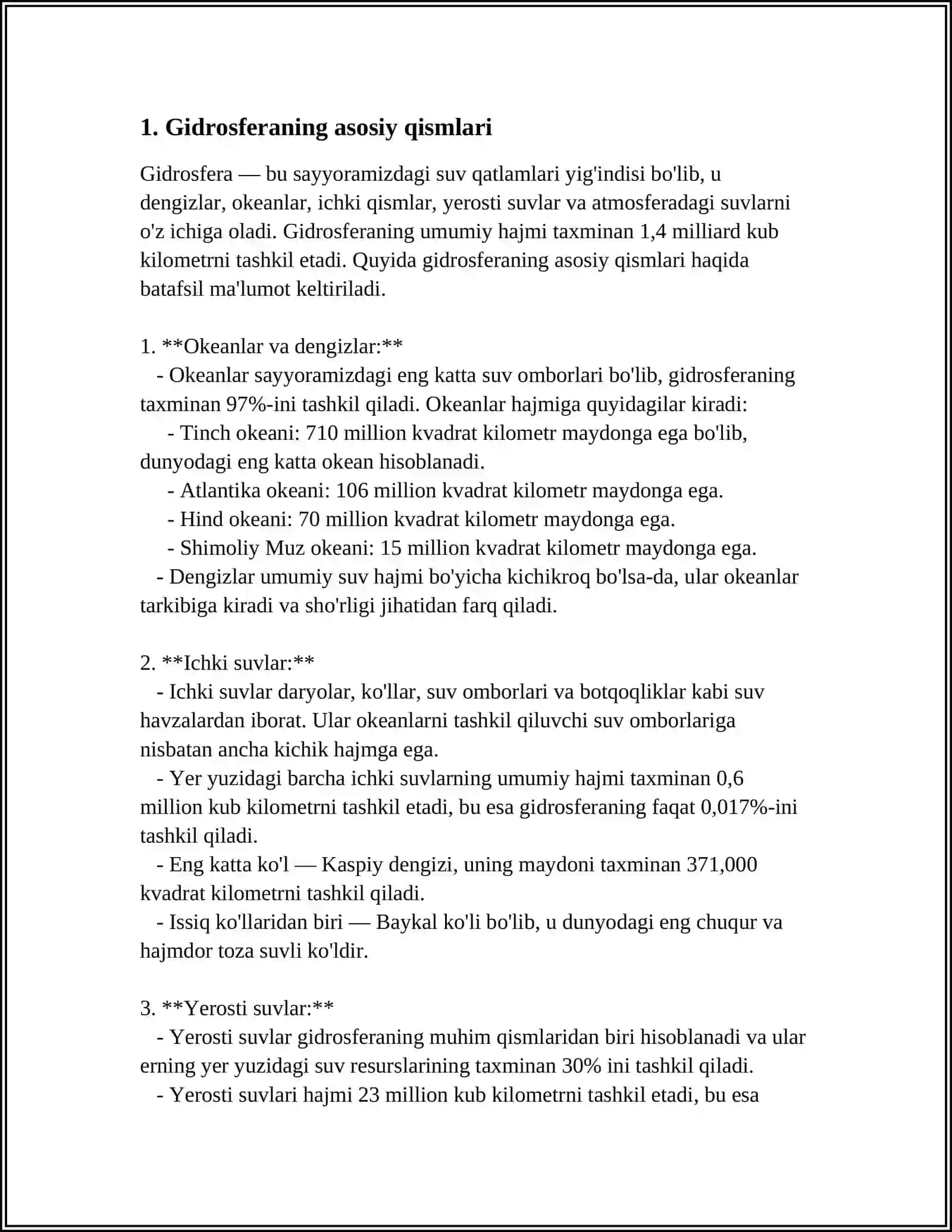 MUSTAQIL ISH Mavzu: GIDROSFERANING TARKIBIY QISMLARI TABIATDA SUVNING AHAMIYATI (SUVNING TAQSIMLANISHI DUNYO VA RESPUBLIKAMIZDA ASOSIY SUV ZAHIRALARI, OQAVA SUVNI TOZALASH USULLARI ICHIMLIK SUVINI TARKIBI VA ICHIMLIK SUVIGA QOʻYILGAN TALABLAR) 4