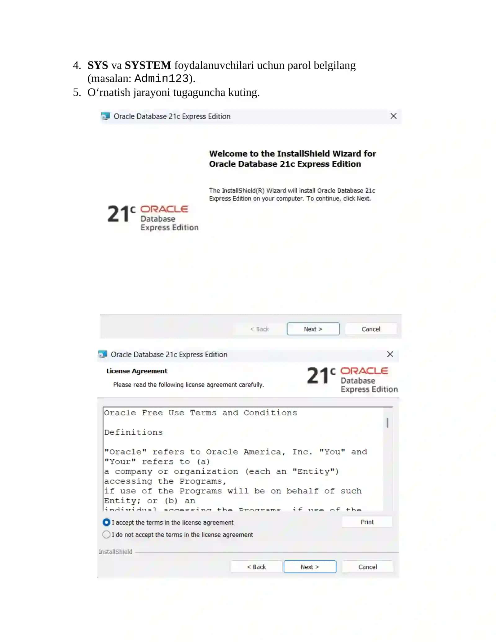 Oracle (PostgreSQL, Microsoft SQL Server yoki MySQL) MBBTni o‘rnatish va sozlash, qo‘shimcha ma’lumotlar bazasi dasturlarini o‘rnatish va sozlash 4