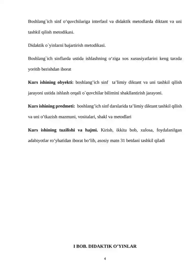 Boshlang‘ich sinflarda ta’lim diktant va uni tashkil etish mavzusidagi KURS ISHI 4