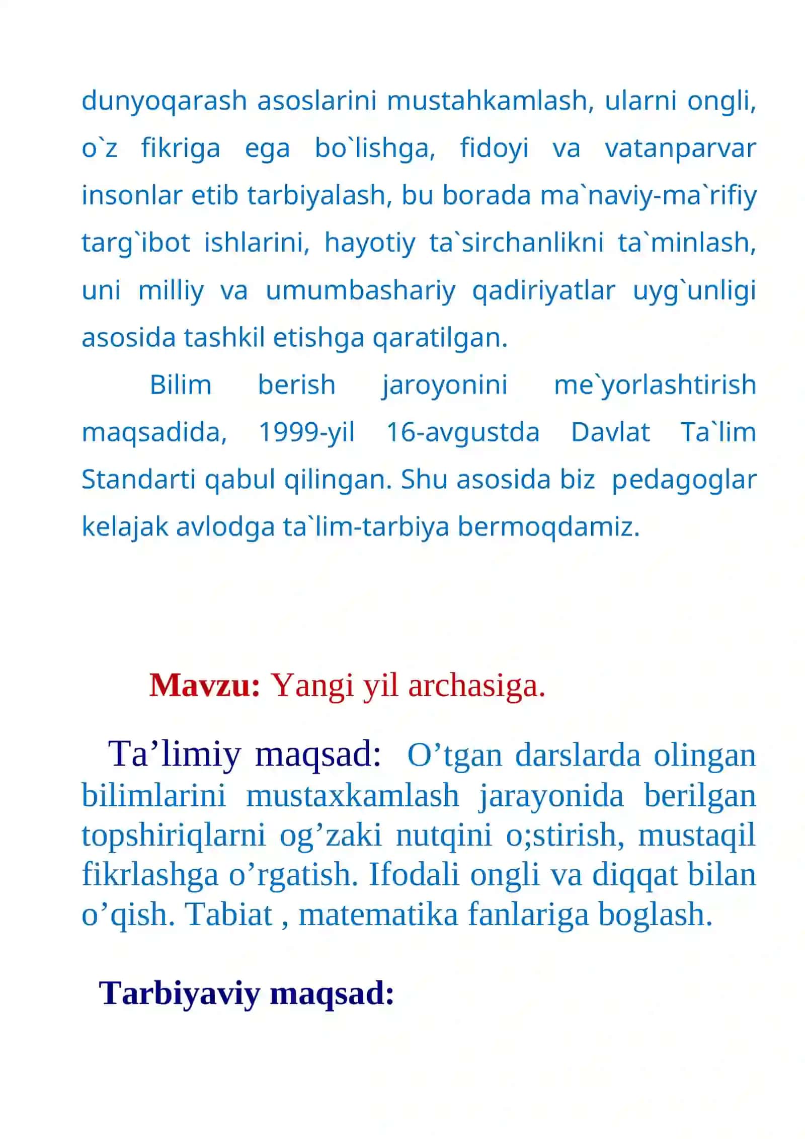 “DARS MUQADDAS”, “O’RGAN-O’RGAT” tavsiyalari asosida o’qish fanidan yozgan bir soatlik 4
