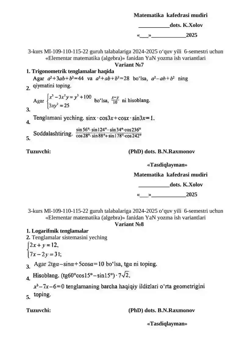 Elementar matematika (algebra) fanidan YaN yozma ish variantlari 4