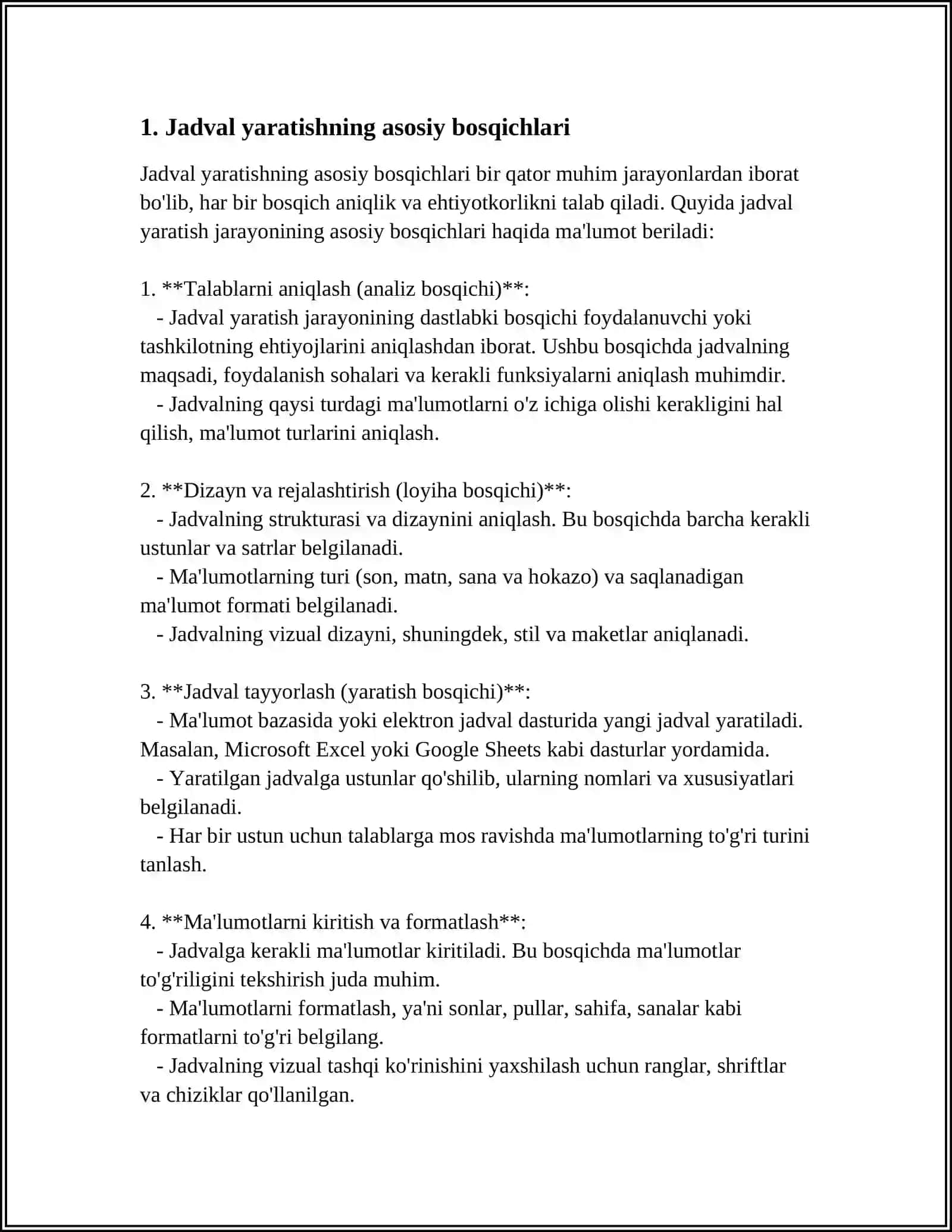 WORD MATN MUHARRIRIDA JADVALLAR YARATISH VA ULAR BILAN ISHLASH 4