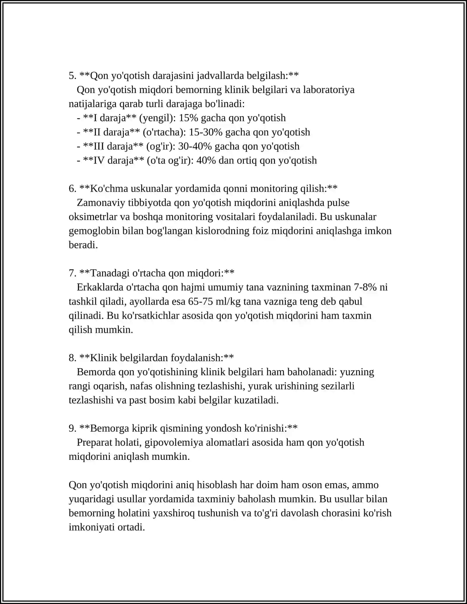 AKUSHERLIK VA GINEKOLOGIYA FANIDAN YO‘QOTILGAN QON MIQDORINI ANIQLASH MAVZUSI 4