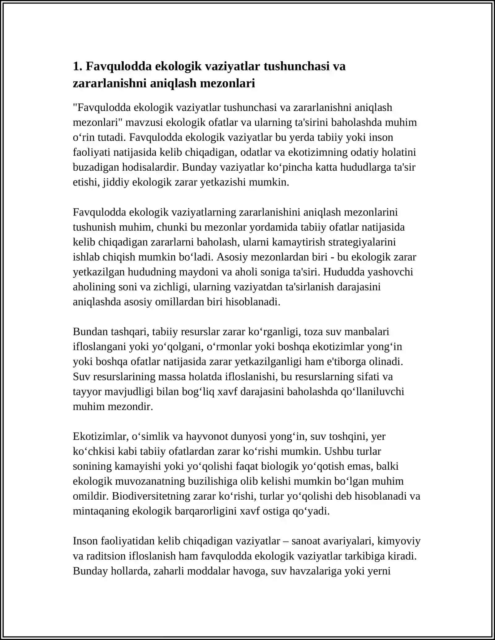 EKOLOGIK TUSTAGI FAVQULOTDDA VAZIYATLAR SODIR BO'LGANDA ZARARLANISH HOLATINI BAHOLASH 4