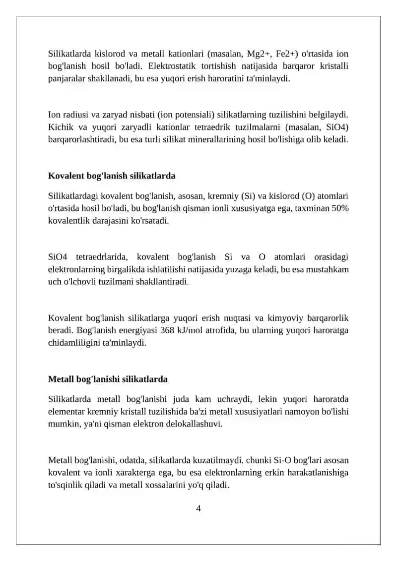 Silikat va qiyin eriydigan nometall materiallarda kimyoviy bog'lar 4