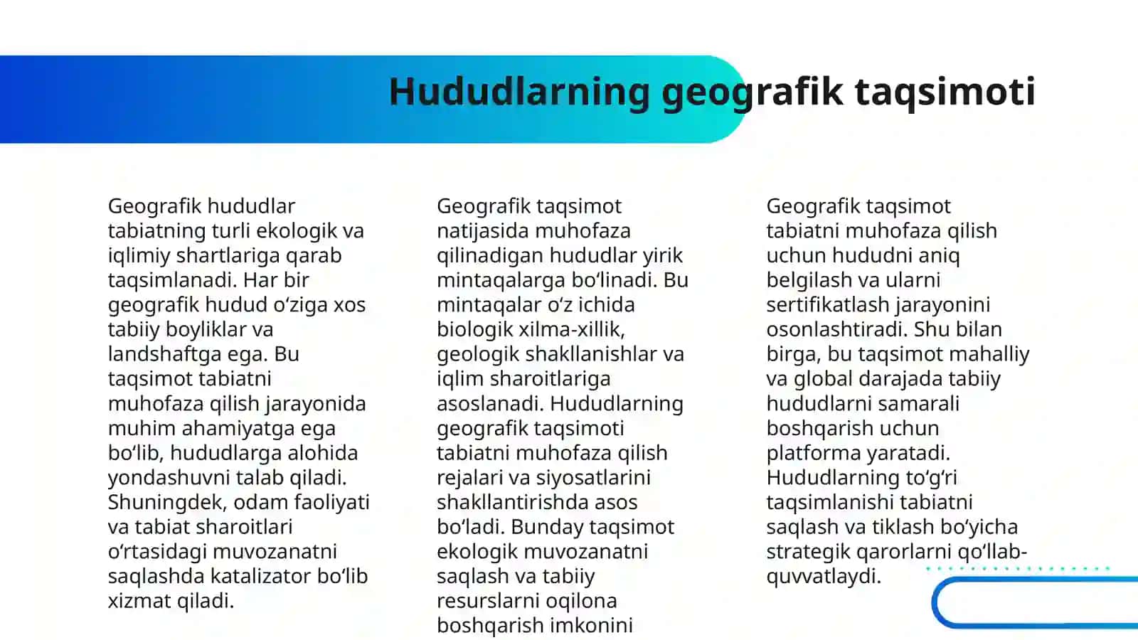 MUHOFAZA QILINADIGAN TABIY HUDUDLARNING TURLARI VA ULARNI TASHKIL ETISH TAMOYILLARINI ISHLAB CHIQISH 4