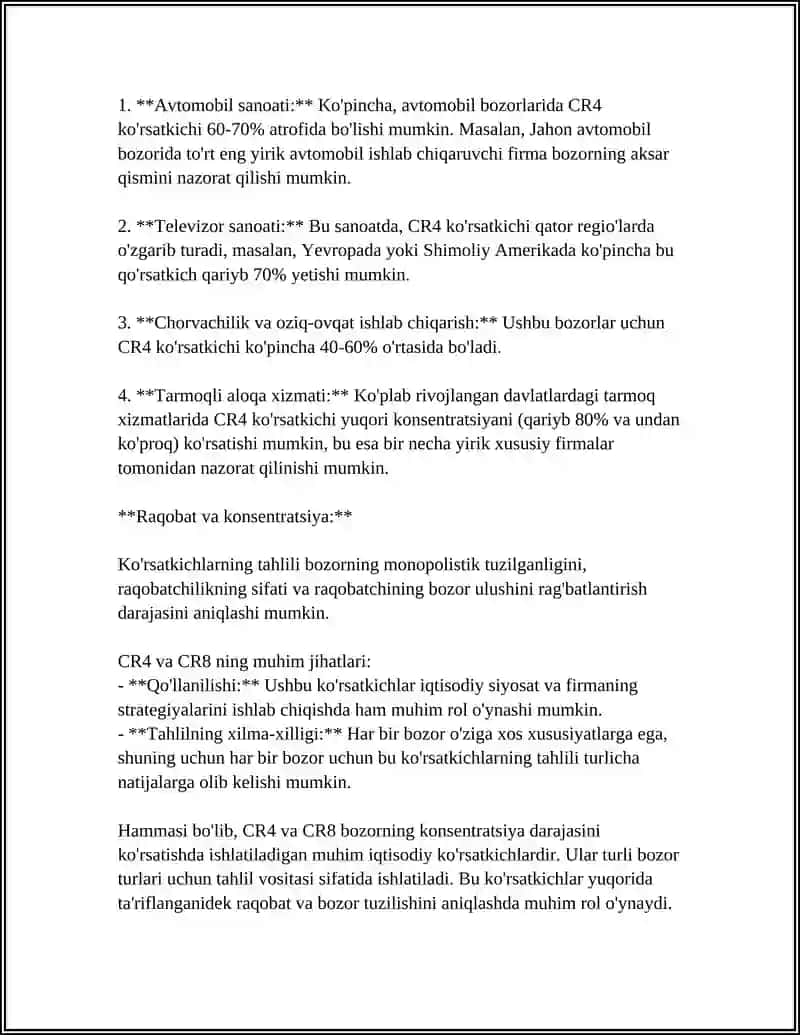 RAQOBAT DARAJASI KO`RSATKICHLARI VA ULARNI ANIQLOVCHI OMILLAR. MAHSULOT ISHLAB CHIQARISH VA SOTISH HAJMI DINAMIKASI TAHLILI 4