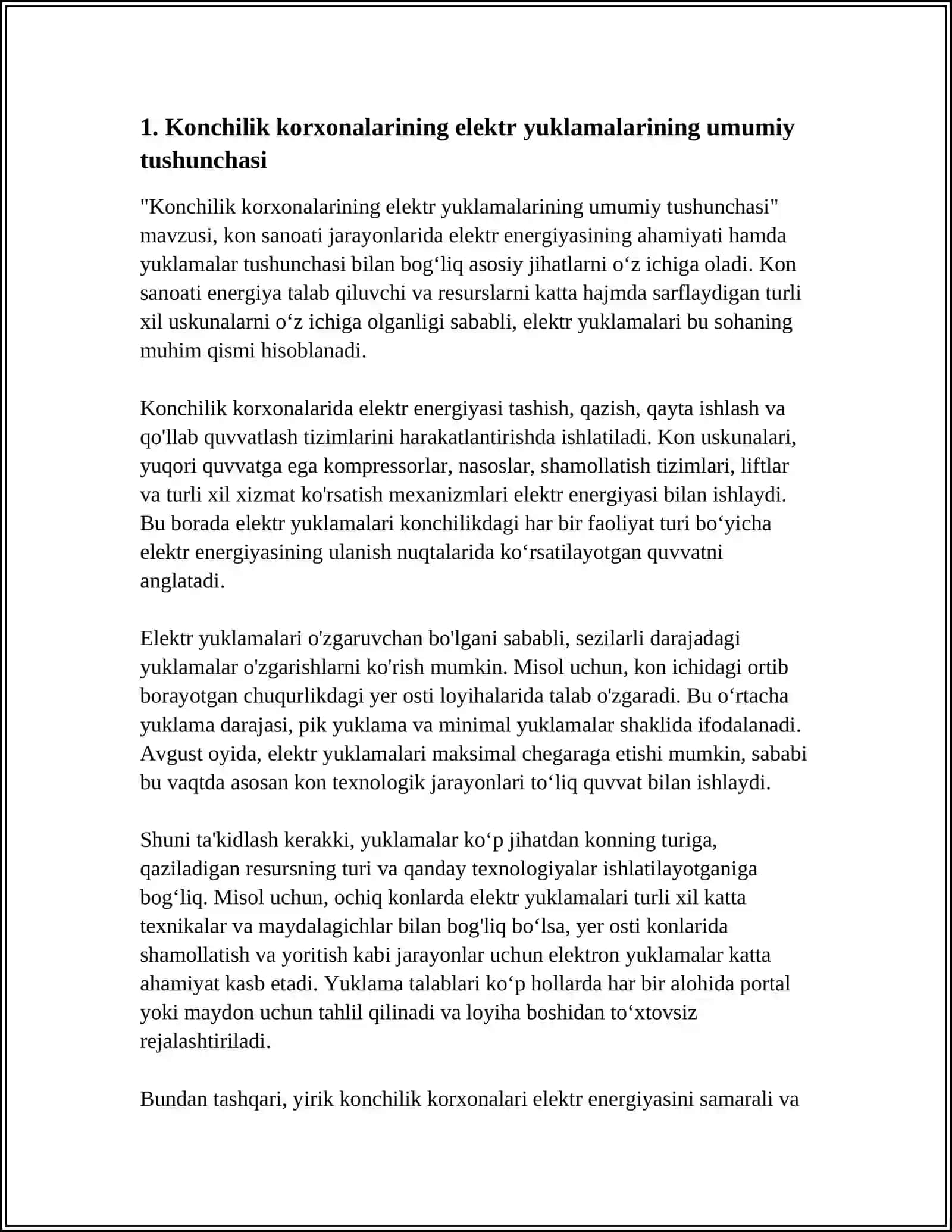 "KONCHILIK KORXONALARINING ELEKTR YUKLAMALARI TO'G'RISIDA UMUMIY MA ' LUMOT." 4