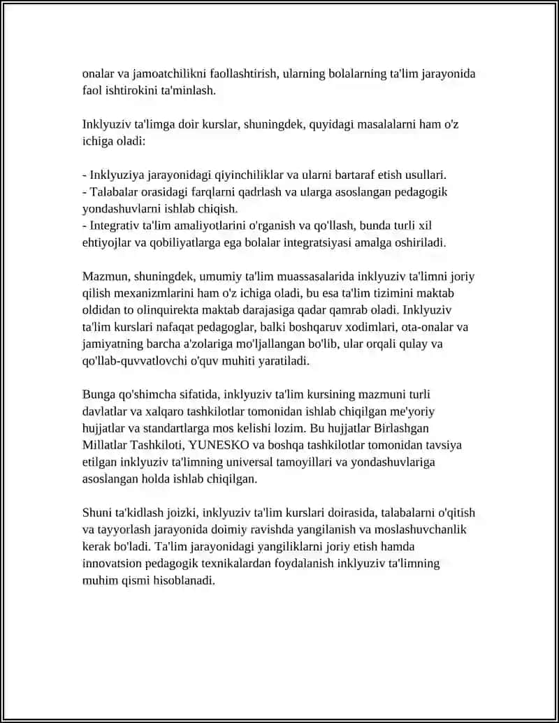 INKLYUZIV TA’LIM KURSINING PREDMETI, OB’EKTI, TAMOYILLARI, MAQSAD VA VAZIFALARI 4