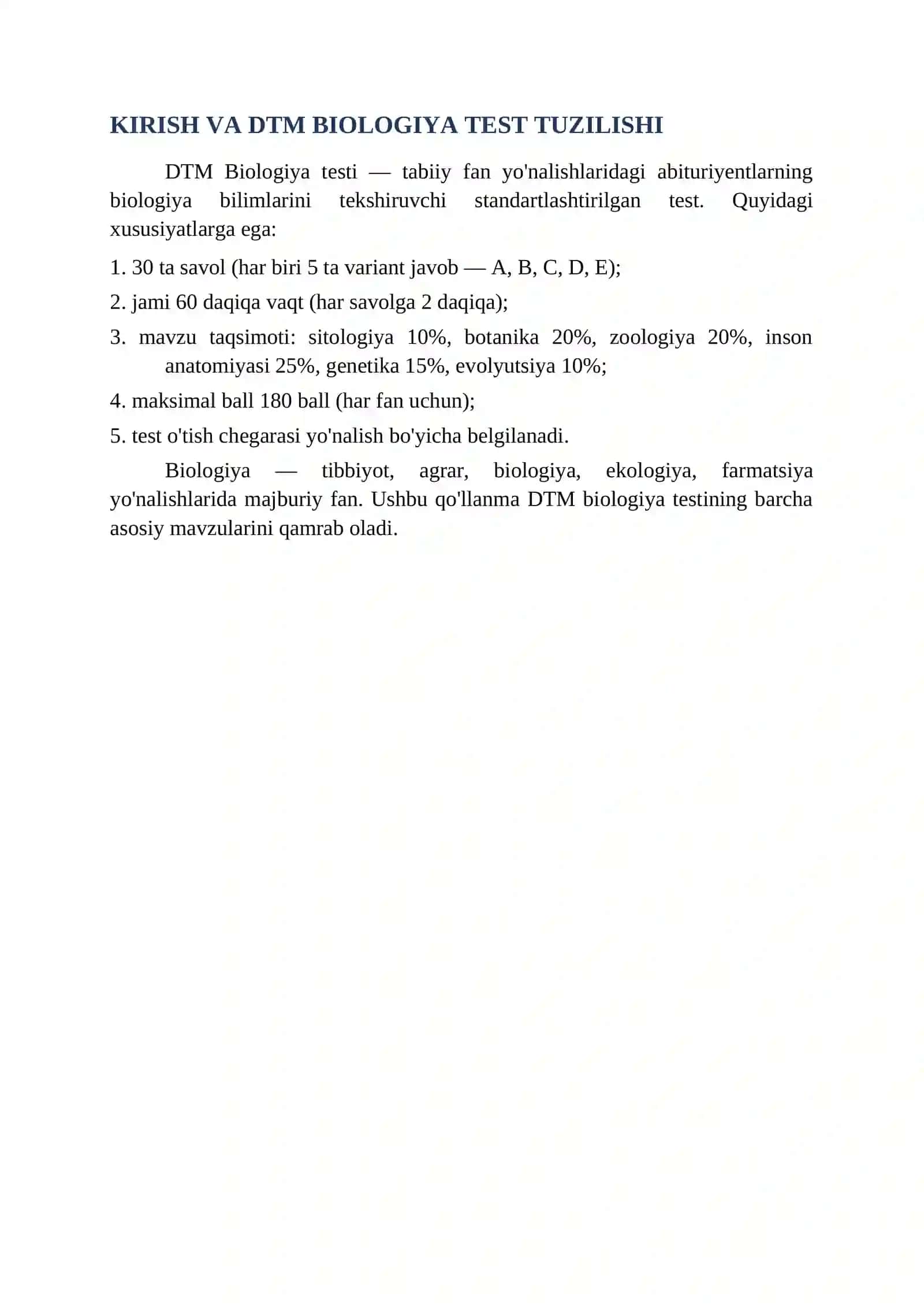 BIOLOGIYA BO'YICHA DTM TAYYORGARLIK 4