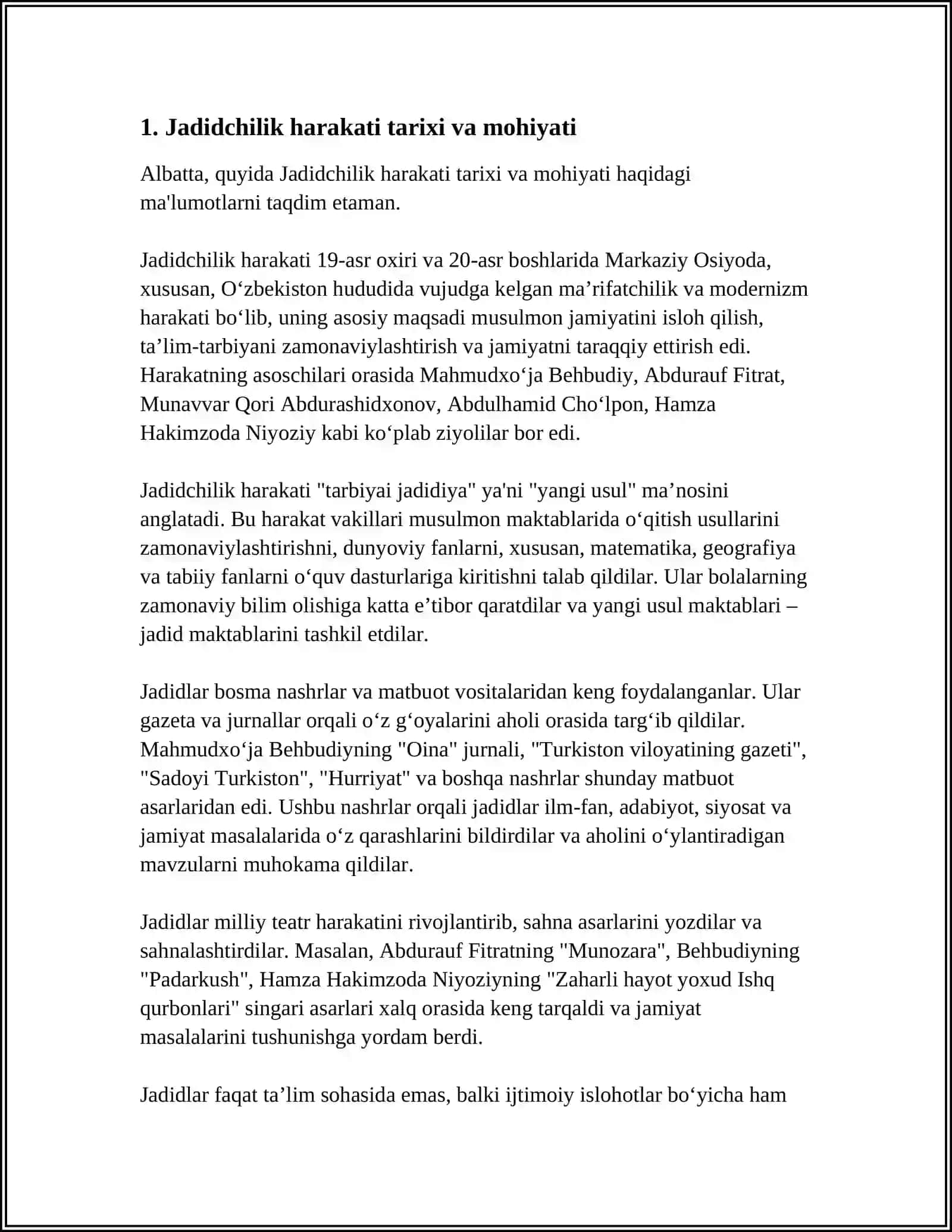 JADID MAʼRIFATPARVARLARINING OʻLKA IJTIMOIY-MANAVIY HAYOTIDA TUTGAN OʻRNI (MUNAVVARQORI, FITRAT, BEHBUDIY, AVLONIY VA BOSHQALAR) 4
