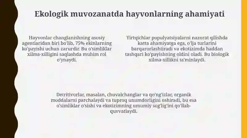 Hayvonlarning ekologik roʻllari va muhofaza qilish muammolari. Zoogeografiya asoslari 4