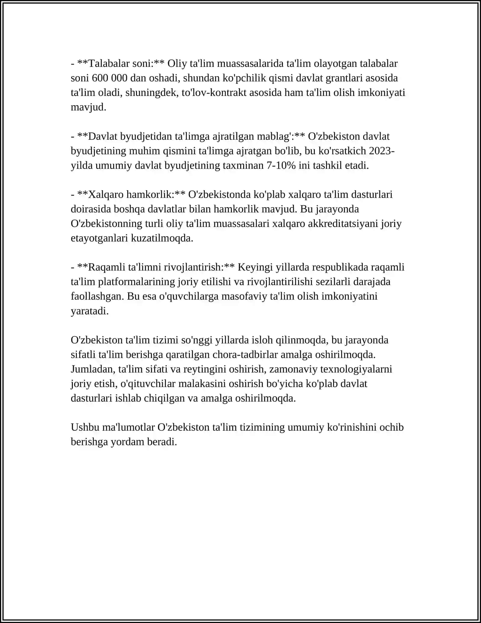 O'zbekiston respublikasida ta'lim tizimi va alohida ta'lim ehtiyogi bolalarga ta'lim - tarbiya berish tizimi 4