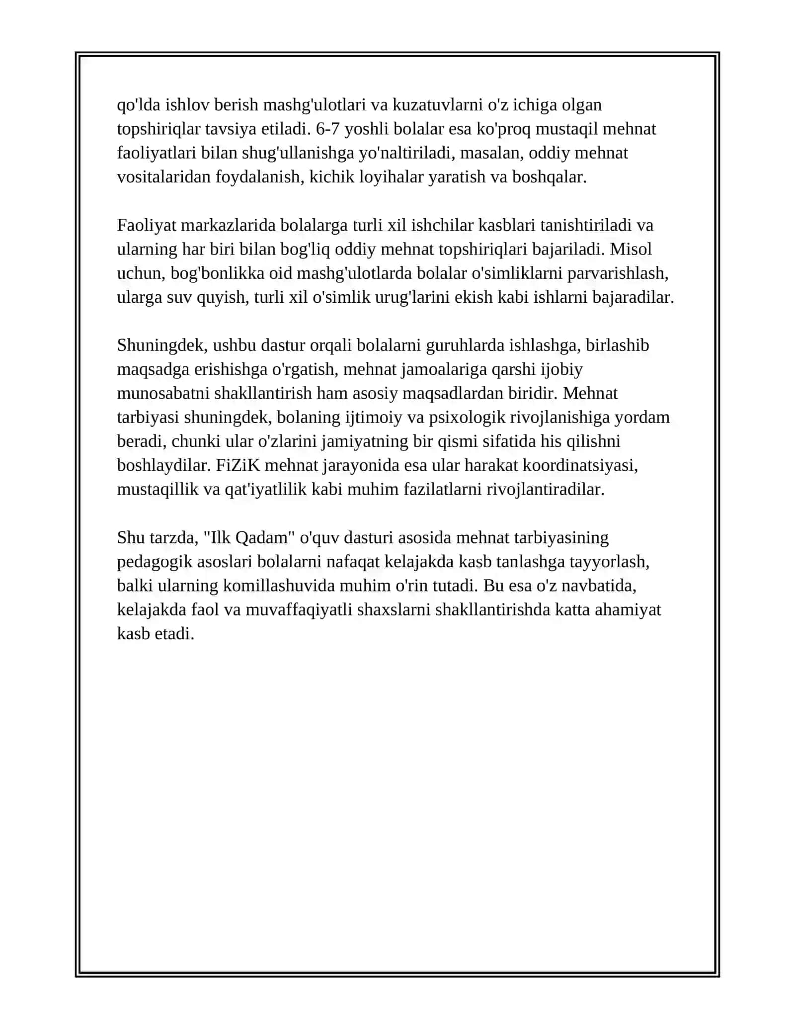 ILK QADAM DAVLAT O'QUV DASTURI ASOSIDA FAOLIYAT MARKAZLARIDA MAKTABGACHA YOSHDAGI BOLALAR MEHNATINI TASHKIL ETISH 4