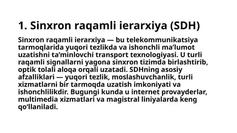 Multimedia aloqa tarmog‘ining transport telekommunikatsiya texnologiyalari - sinxron raqamli ierarxiya, to‘lqin siquvi (WDM, DWDM, CWDM). Kanal, tarmoq va transport sathlari texnologiyalari - IP tarmoqlari texnologiyalari, ATM, Ethernet. MPLS teglar ustidan ko‘p protokolli kommutatsiya. 4