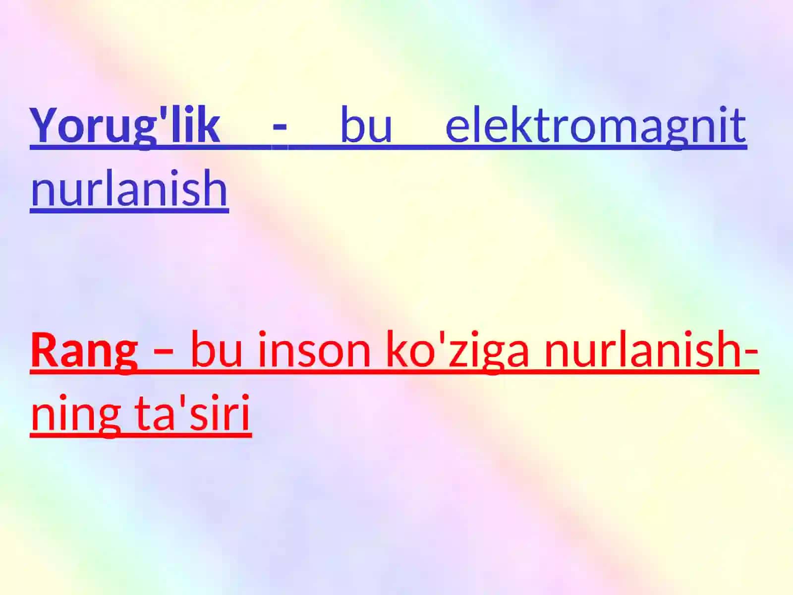 RANG MODELLARI: ADDITIV, SUBTRAKTIV, PERTSEPTSION (RGB, CMY, CMYK, HSV).  BIR MODELDAN BOSHQA MODELLARGA O`TKAZISH ALGORITMLARI. 4