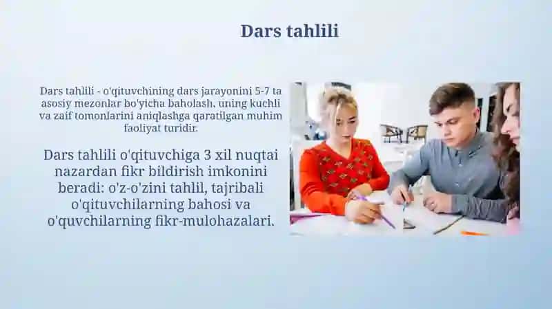 Dars tahlili, oʻzaro darslarga kirish va ochiq dars oʻtkazish faoliyat turlari 4