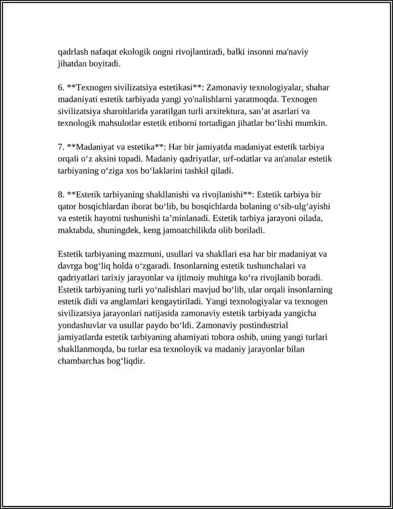 ESTETIK TARBIYANING TURLARI VA YOʻNALISHLARI TABIAT VA TEXNOGEN SIVILIZATSIYA ESTETIKASI 4