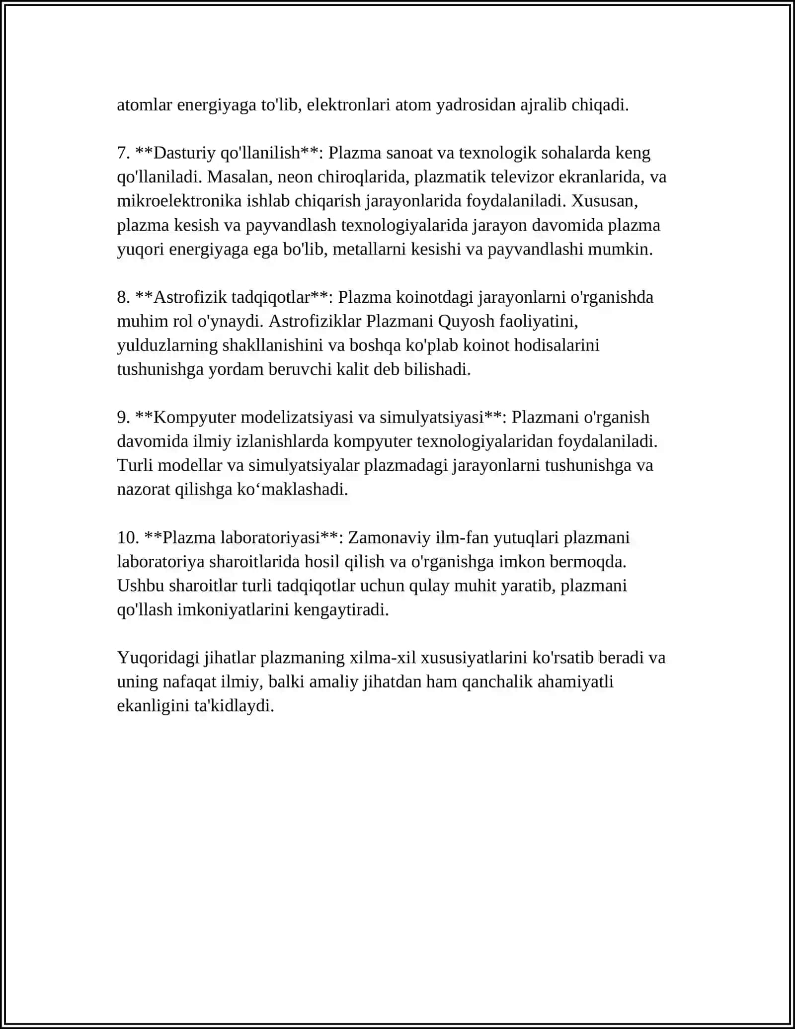 PLAZMA. XOSSALARI VA QOLLANISHI 4