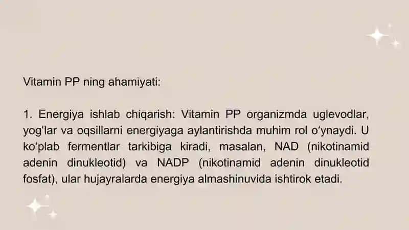 Vitamin PP guruh preparatlarining inson hayotidagi ahamiyati va olinish manbalari 4