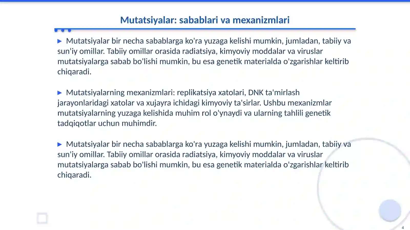 Mutatsiyalar:sabablari,shakllariahamiyati va biologik oqibatlari 4