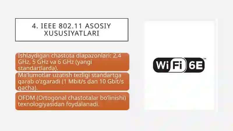 Kompyuter tarmoqlarining standart texnologiyalari: simsiz LAN. IEEE 802.11 tavsifi 4