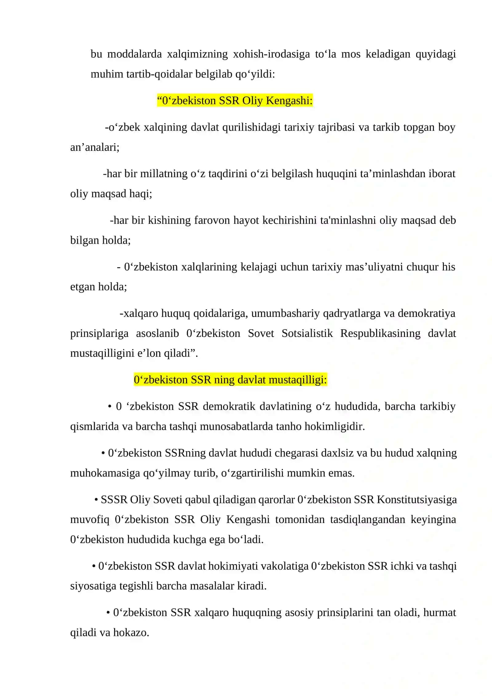 O'ZBEKISTON RESPUBLIKASI DAVLAT MIJSTAQILLIGINING E’LON QILINISHI VA UNING TARIXIY AHAMIYATI 4