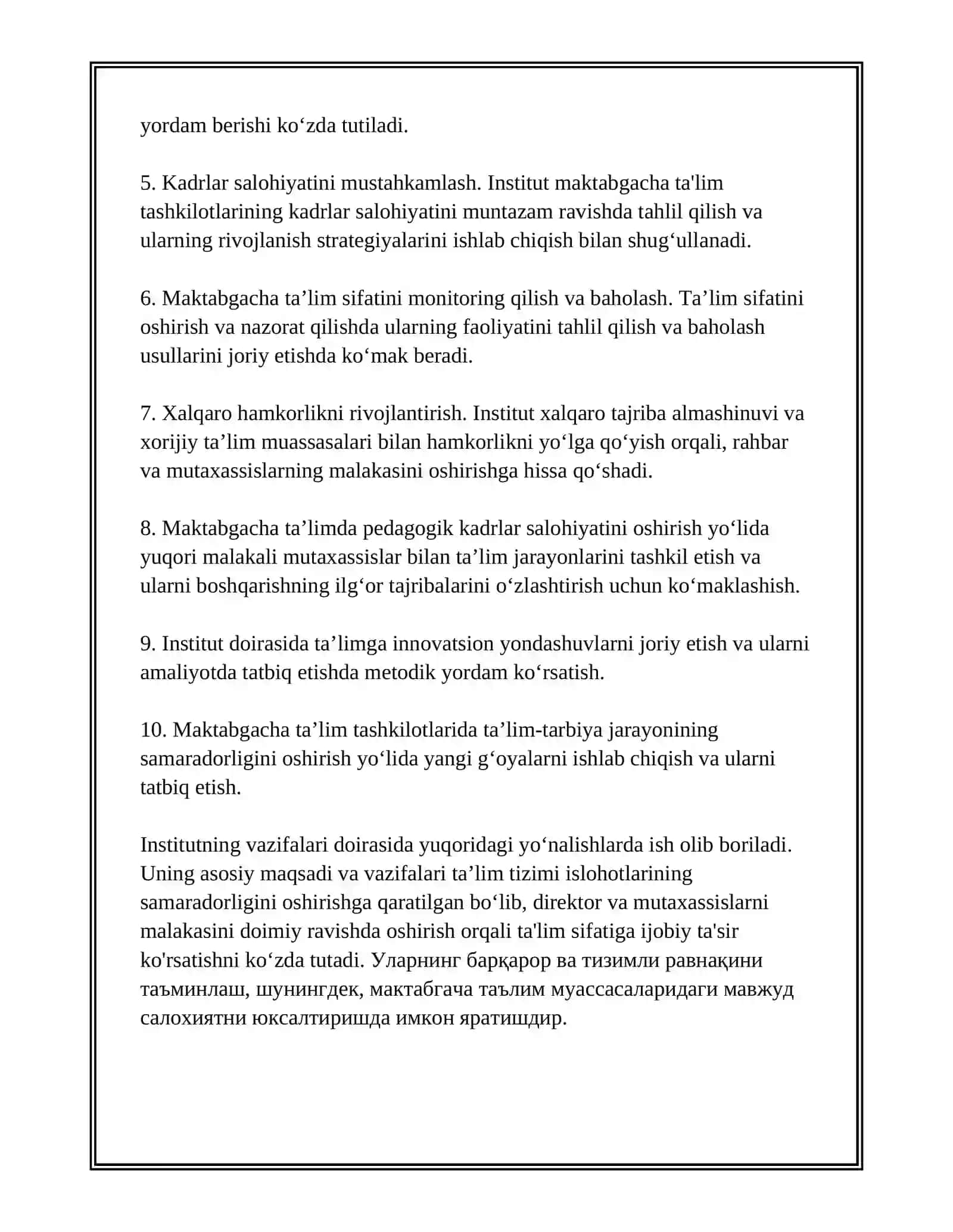MAKTABGACHA TA’LIM TASHKILOTLARI DIREKTOR VA MUTAXASSISLARINI QAYTA TAYYORLASH VA ULARNING MALAKASINI OSHIRISH INSTITUTI 4