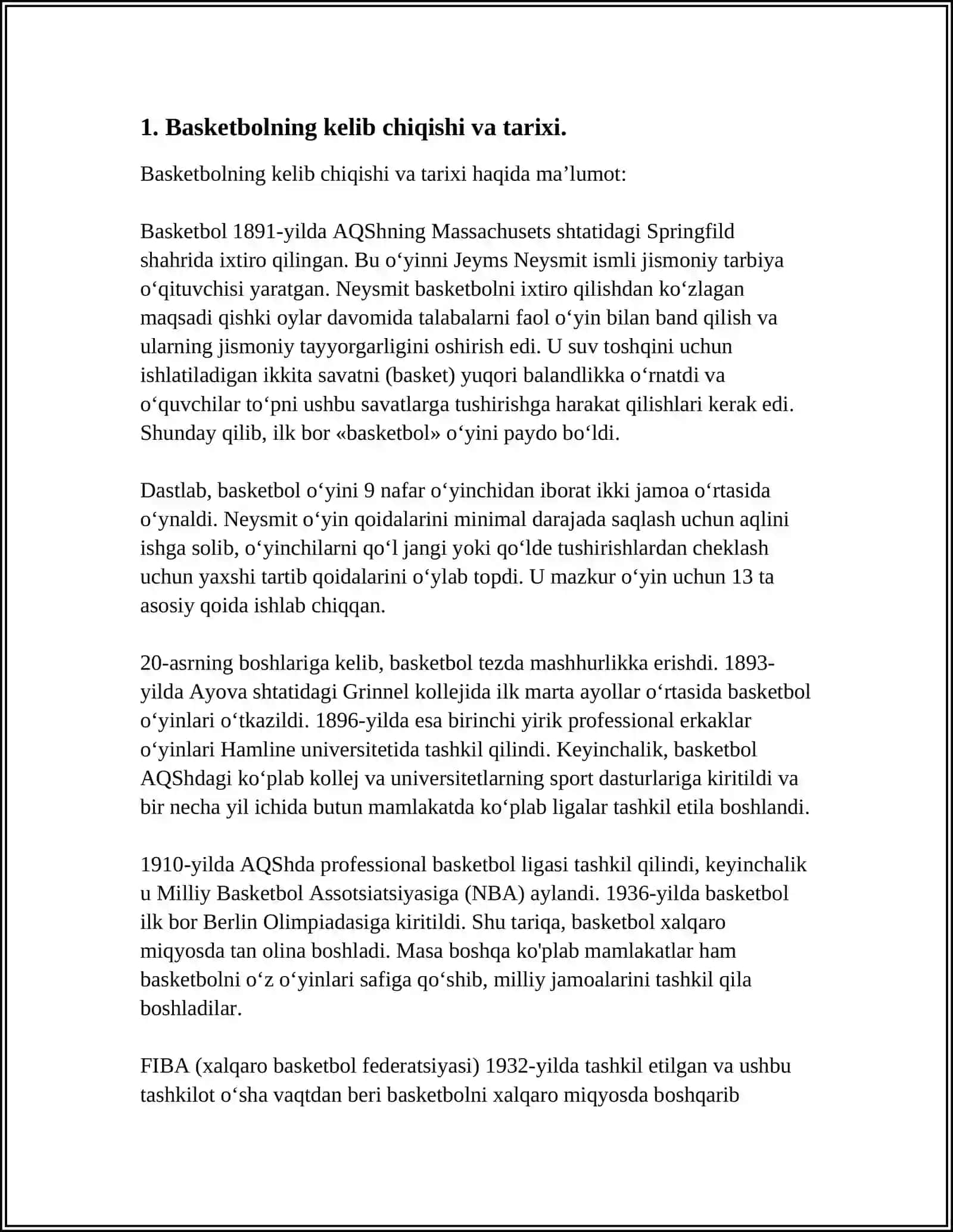 JISMONIY MADANIYAT VA SPORT TIZIMIDA BASKETBOL O'YINININH O'RNI 4