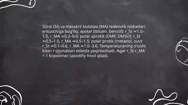 Stirol bilan metakril kislotasini turli erituvchilar ishtirokida sopolimerlanishi 4