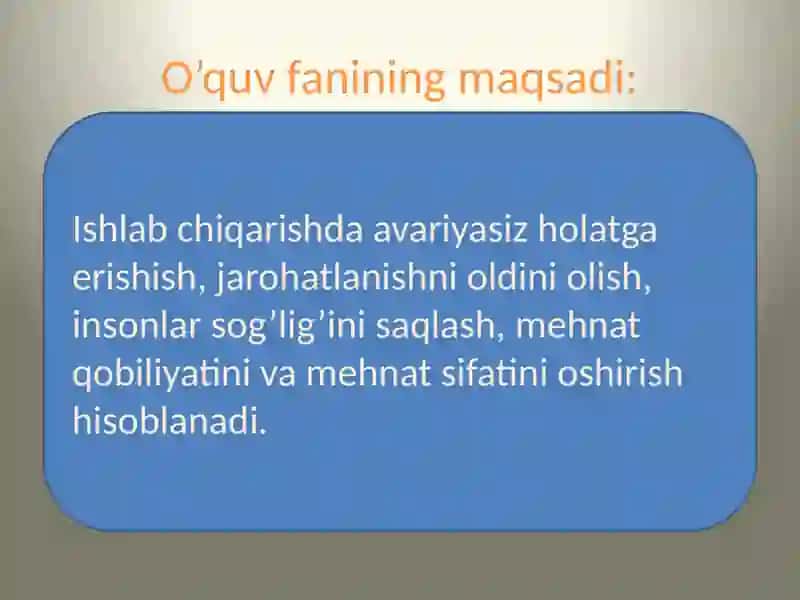 Kasbiy faoliyatda hayot faoliyati xavfsizligi fanining maqsad va vazifalari 4