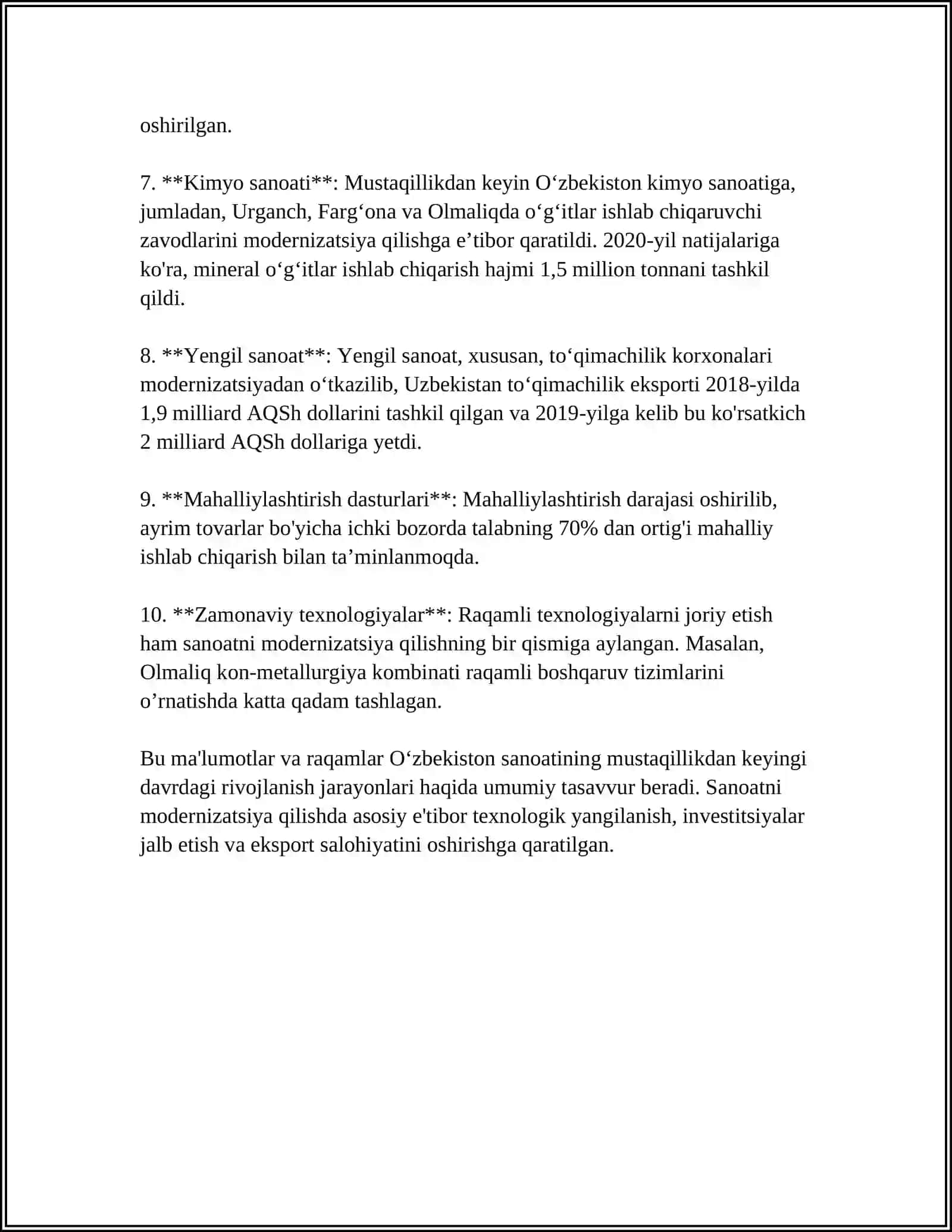 MUSTAQILLIK YILLARIDA O‘ZBEKISTONDA SANOAT SOHASINING RIVOJLANISHI 4