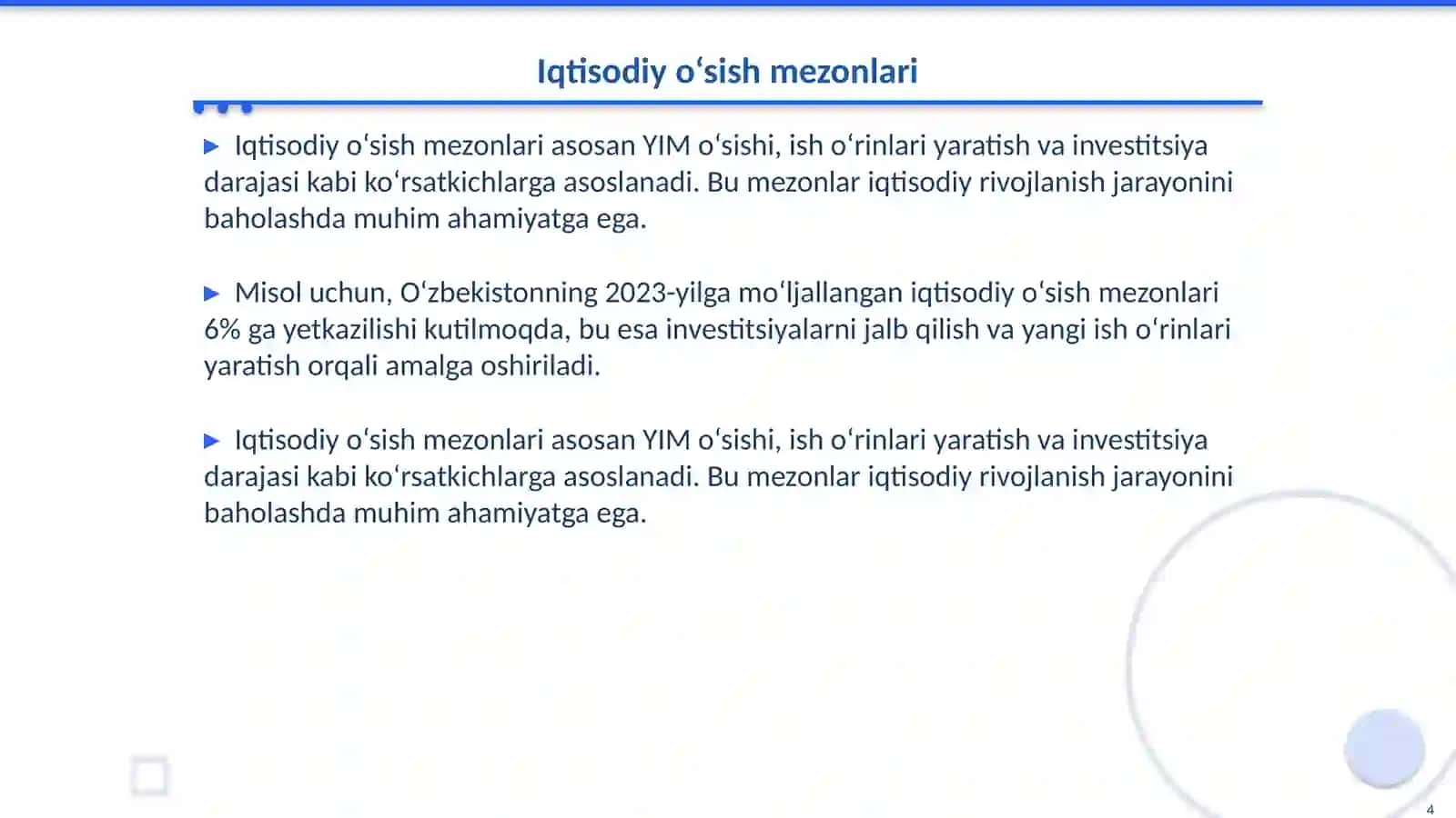 Iqtisodiy o‘sishning mezonlari, ko‘rsatkichlari va turlari 4