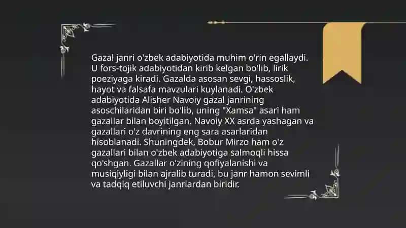 Lirik turga mansub janrlar va ularning o'zbek mumtoz adabiyotida tutgan o'rni 4