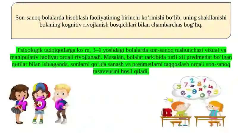 Bolalarda son sanoq haqidagi va butun sonlar qatori xaqidagi tasavvurlarini shakllantirish. Sanash faoliyatining rivojlanish bosqichlari . Bolalarni butun predmetni teng boʻlaklarga boʻlishga oʻrgatish 4